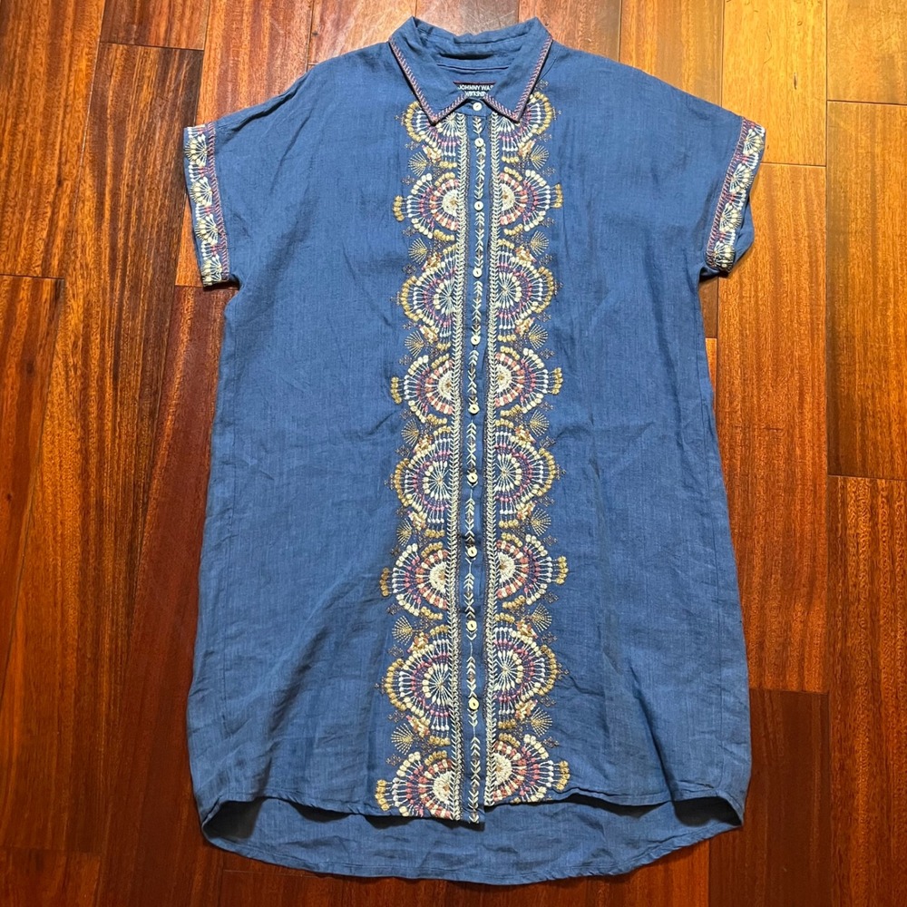 Johnny Was Workshop Dress Womens S (22x36) Linen Embroidered Boho Blue W23318-1